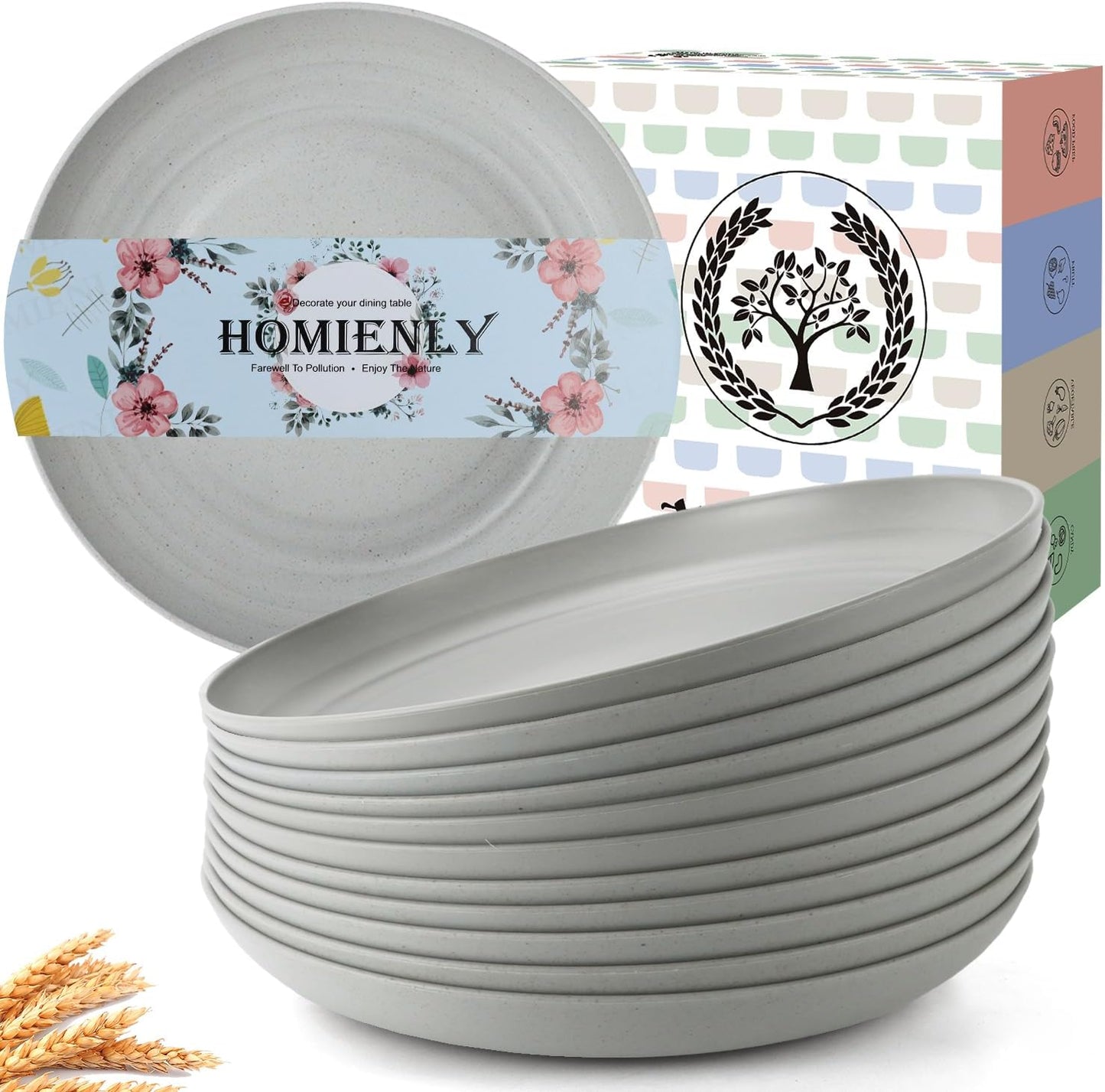 Homienly Deep Dinnerware Set of 12 - Alternative to Plastic, Microwave & Dishwasher Safe Wheat Straw Plates for Kitchen - Unbreakable Kids Plates (Grey, 10 inch)