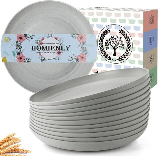 Homienly Deep Dinnerware Set of 12 - Alternative to Plastic, Microwave & Dishwasher Safe Wheat Straw Plates for Kitchen - Unbreakable Kids Plates (Grey, 10 inch)