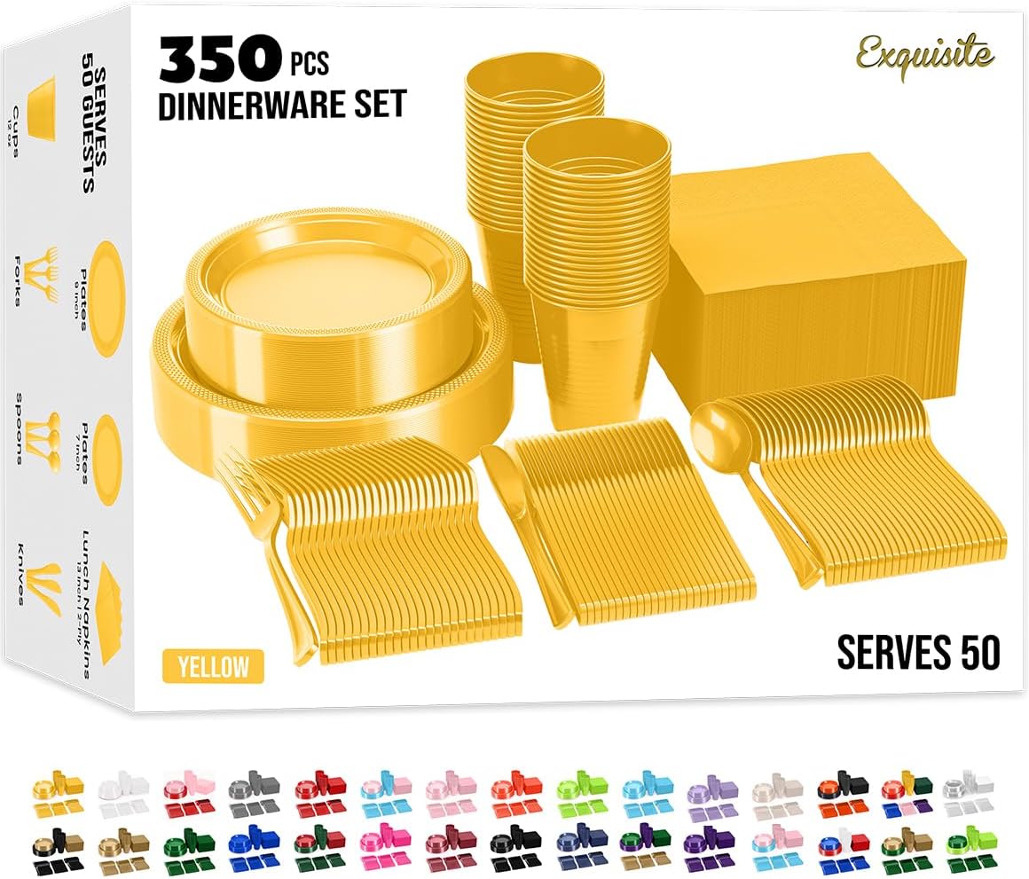 Party Solids 350 Pieces Yellow Plastic Plates For Party, Yellow Disposable Plates Set, 50 Of Each 9" Dinner Plate Set, 7" Dessert Plate, Cups, Napkins & Cutlery Plastic Dinnerware