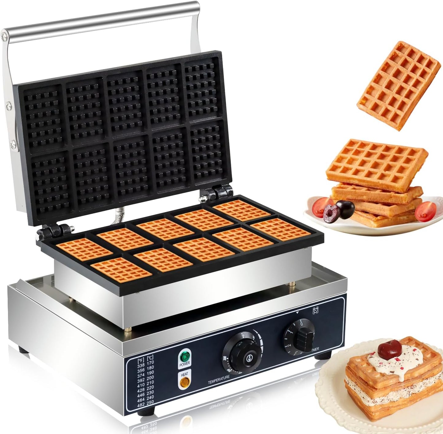 110V1650W Commercial Mini Square Waffle Maker, 10 Grids Waffle Baker Machine, Non-Stick,3.5 X 2.0" Belgian Waffle maker with Temp and Time Control, for Restaurant Bakeries Snack Bar Family.