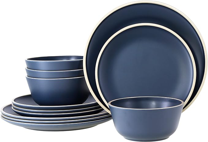 Melamine Dinnerware Sets for 4, Plates and Bowls Sets 12 Pcs, Melamine Plates, Nautical Dinnerware Sets, Modern Style,Dishwasher Safe, BPA Free, Suitable Indoor and Outdoor Use (Deep Blue)