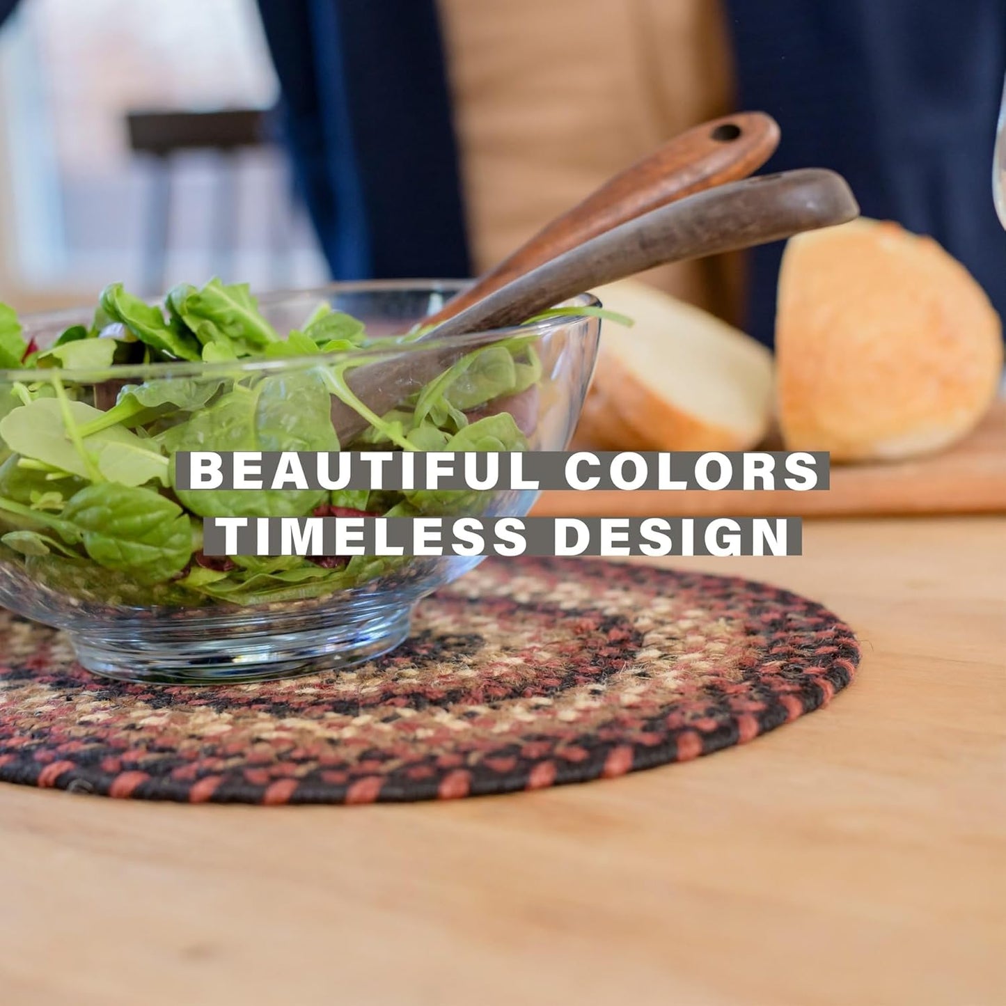 Homespice Prescott Jute Braided Oval Placemats, Country Primitive Decor, Set of 6, 13x19 Black and Red Table Mats - Vibrant Colors, Durable, Easy to Clean and Protects Furniture