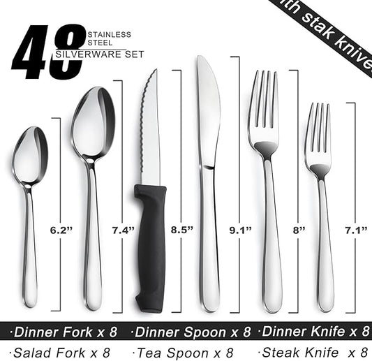 Pleafind 48-Pieces Silverware Set for 8, Flatware Set with Steak Knives, Stainless Steel Cutlery Set, Include Forks Spoons and Knives Set, Dishwasher Safe Utensil Sets for Home Restaurant