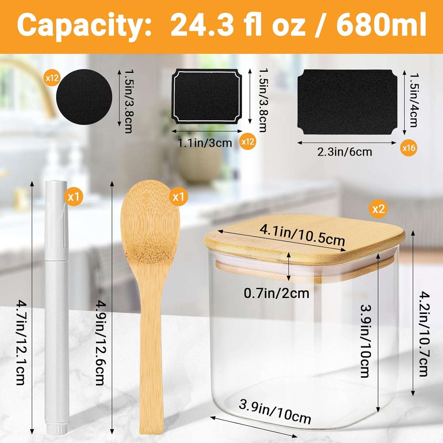 Square Glass Jar with Lid, 2 Pack 24 Fl.oz Glass Jars with Bamboo Lids, Clear Airtgiht Flour Sugar Storage Containers for Coffee, Tea, Cereal, Candy - Included Labels, Marker and Spoon