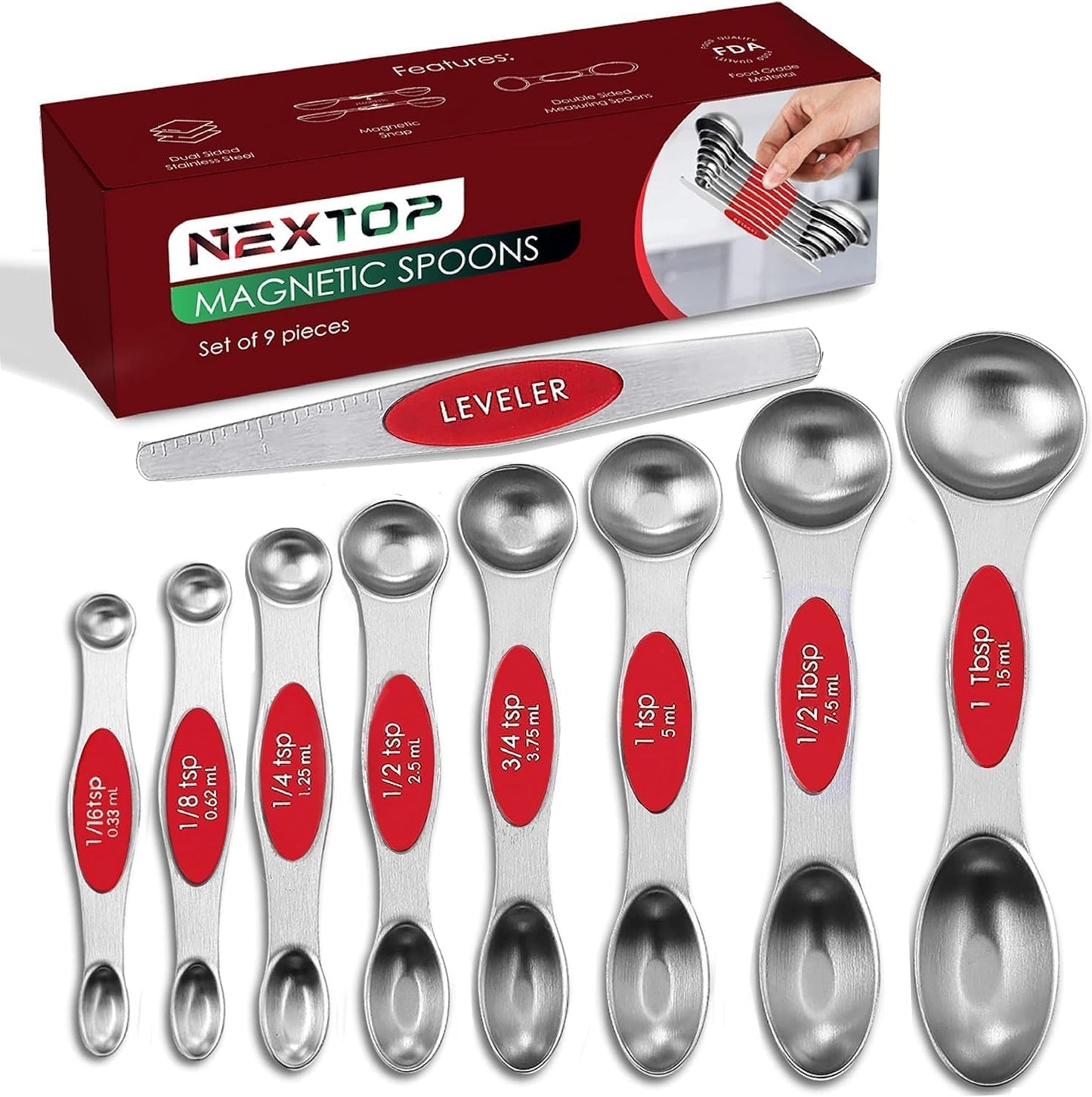 Magnetic Measuring Spoons Set of 9 Stainless Steel Dual-Sided Stackable Measuring Spoon Nesting Teaspoons Measuring Dry and Liquid Ingredients, Fits in Spice Jars Set of 9 (Red)