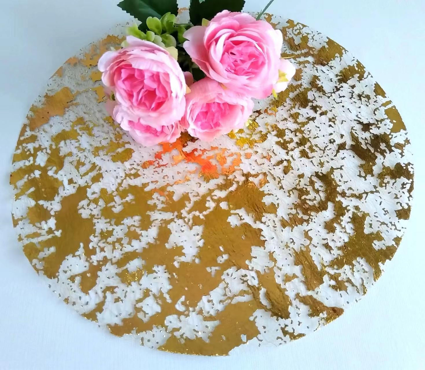 Disposable Gold Placemats Set of 100 Metallic Thin Round 13 Inch Table Mates Glitter Foil Gold Charger Doilies for Dining Table Wedding, Party, Thanksgiving Decoration