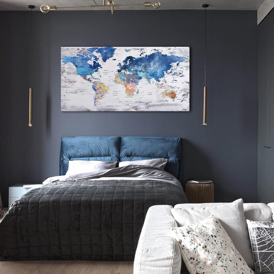 Pogusmavi-World Map Wall Art-Modern Art Wall Decor-Framed Artwork For Walls-Canvas Art For Office-Paintings For Decorations-Large Pictures For Living Room 24x48