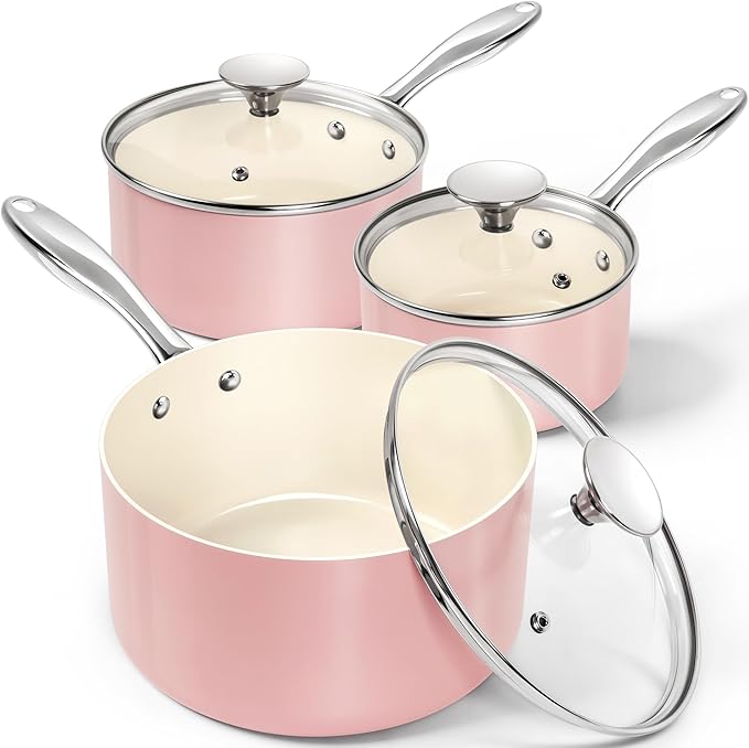 MICHELANGELO Sauce Pan with Lid, Non Stick Saucepan Set of 3-1Qt & 2Qt & 3Qt Small Pots for Cooking, Ceramic Saucepan - Non-Toxic, Scratch-Resistant, Oven Safe, Pink