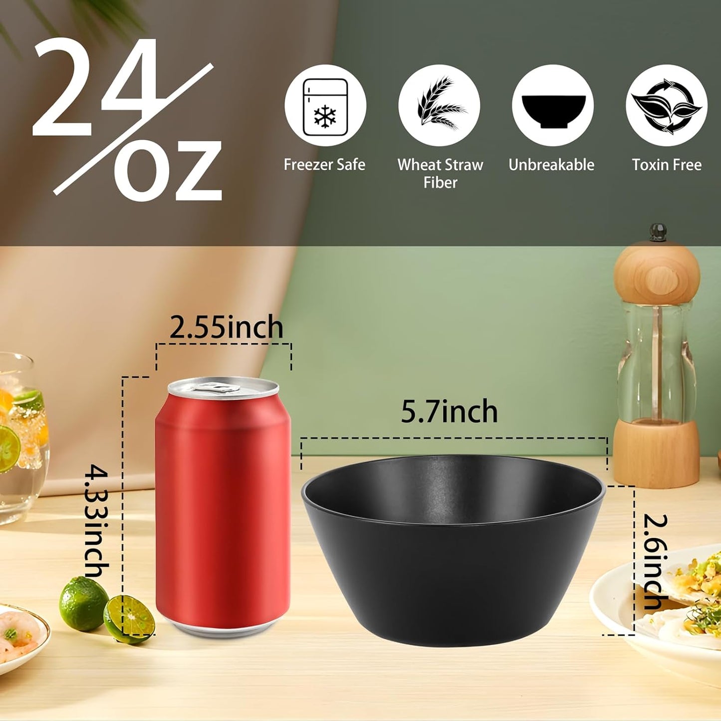 supernal 12PCS Black Wheat Straw Bowls - Unbreakable Reusable Plastic Soup & Cereal Straws Bowls,Fridge and Dishwasher Safe Stackable,Lightweight Black Disposable Bowl for Ramen,Salads and Catering