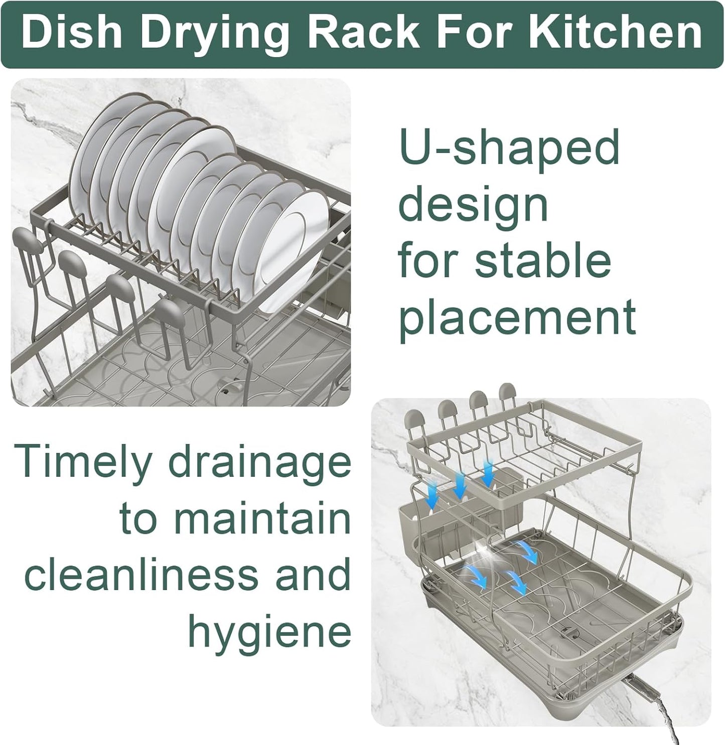 LIYI Dish Drying Rack,Large Dish Rack for Kitchen Counter,2-Tier Dish Racks with draining Tray,Detachable Capacity Dish Drainer Organizer,Grey