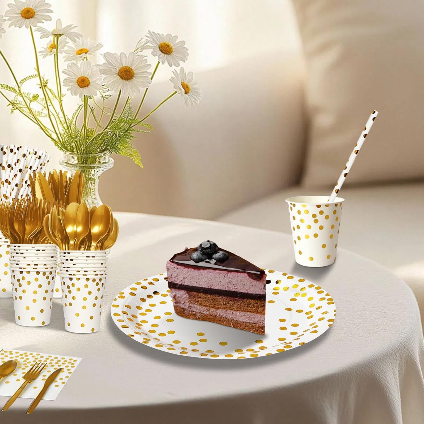 Paper Plates and Napkins Set, 193 Pieces White Gold Party Supplies Includes Paper Plates Cups Napkins Straws and Cutlery for Birthday Wedding Holidays Parties Decorations-24 Guests