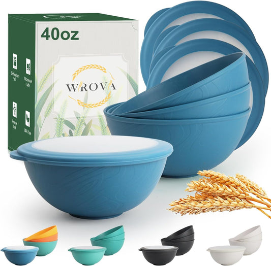 Wrova wheat straw bowls with lids set of 4, 40oz cereal bowls with covers,unbreakable salad container for lunch, dishwasher safe bowl sets for kitchen. Blue