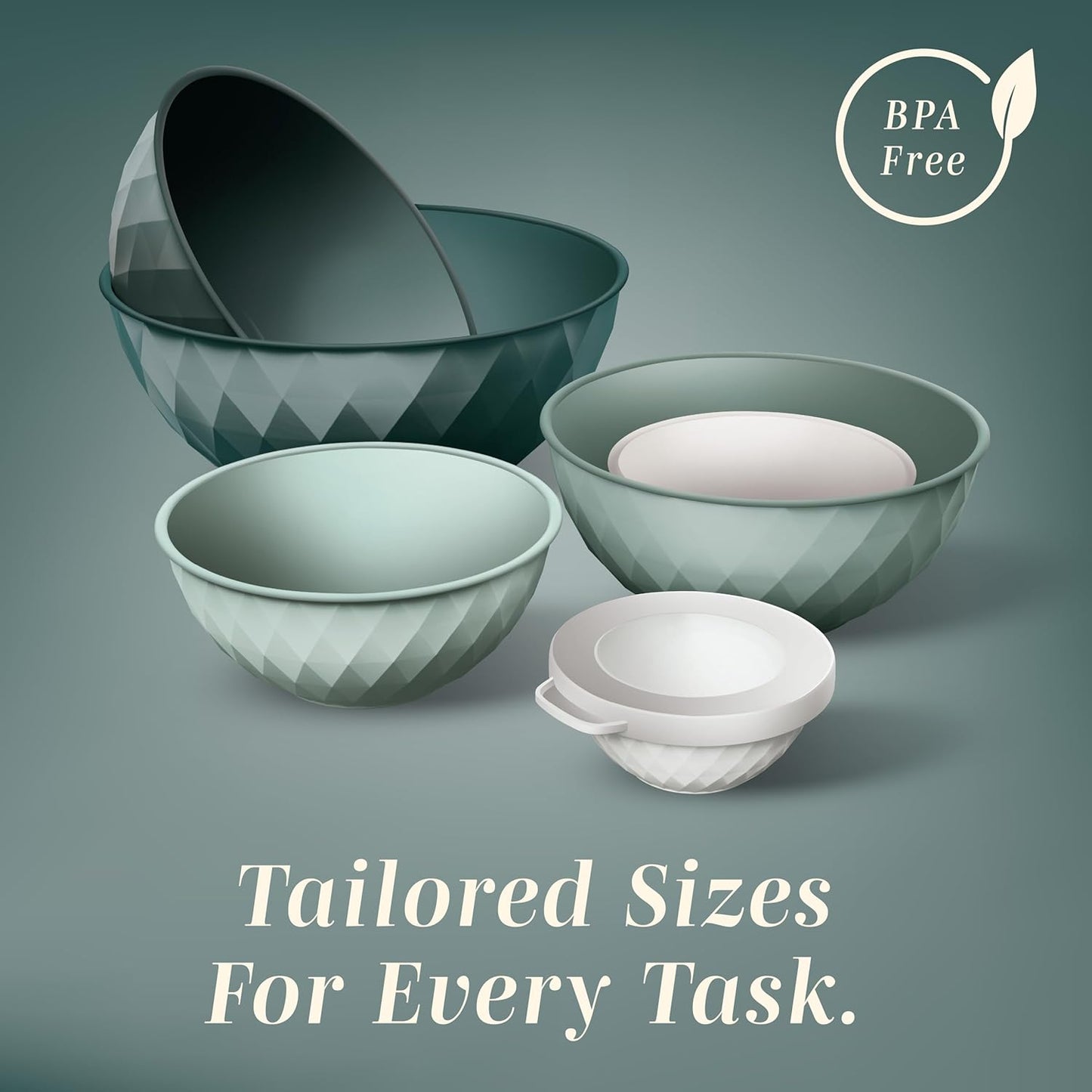 COOK WITH COLOR Mixing Bowls with Lids - 12 Piece Plastic Nesting Bowls Set includes 6 Prep Bowls and 6 Lids, Diamond Design - Microwave Safe, Green