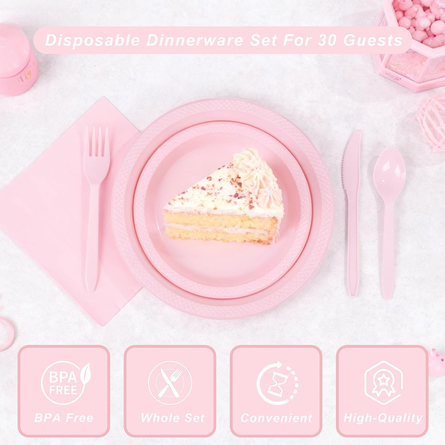 WELLIFE 210 Pieces Pink Party Supplies, Disposable Dinnerware Set, Including Pink Plastic Plates, 16OZ Cups, Plastic Cutlery and Napkins Serve 30 Guests for Party