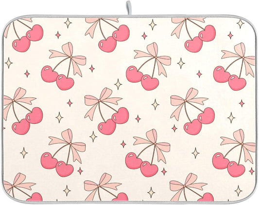 Cute Cherry Bow Dish Drying Mat for Kitchen Counter Absorbent Dish Drainer Mats Drying Pads 18"x24"