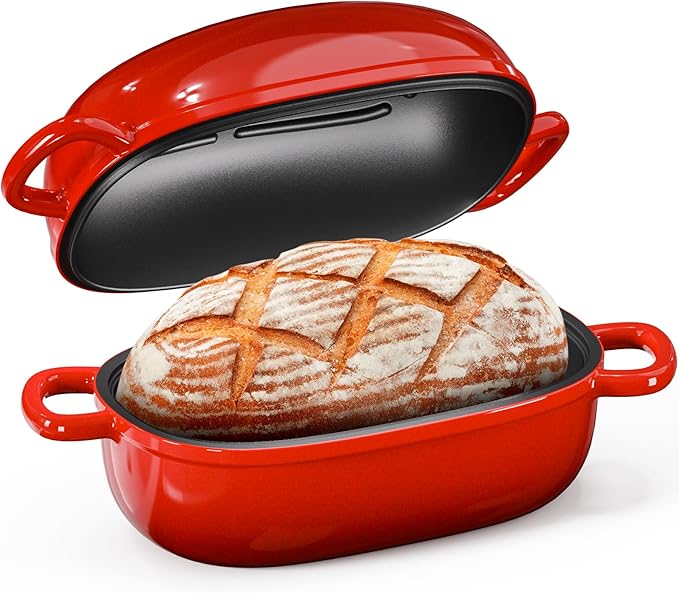 Cast Iron Dutch Bread Oven - 2.5QT Dutch Oven for Sourdough Bread Baking, Cast Iron Bread Loaf Pan with Lid, Easy Homemade Sourdough Dutch Oven, Blue Oval Bread Baking Pan, Gift for Family & Baker，Red