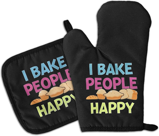 Funny Baking Oven Mitts and Pot Holders（Set of 2） I Bake People Happy Heat Resistant Mitts Silicone Non-Slip Oven Mitts Bake Lover Gift Novelty Birthday Gift for Women Men Friend Sister Chef
