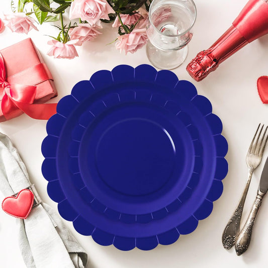 50 Pcs Blue Scalloped Paper Plates 25 × 7'' and 25 × 9'' Disposable Blue Scalloped Dinner Plates for Wedding Baby Shower Birthday Party Disposable Dessert Plate