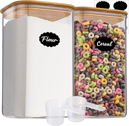 1.2 Gallon (148oz) 2PCS Large Glass Food Storage Containers, Wide Mouth Storage Containers with Tight Lids Square Glass Jars for Flour and Sugar Cereal Rice Pasta Oats Wheatmeal Coffee Niblet