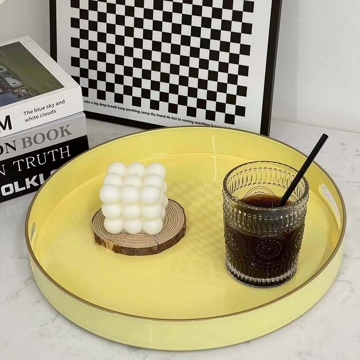 Zosenley Decorative Tray, Plastic Tray with Handles, Modern Vanity Tray and Serving Tray for Ottoman, Coffee Table, Kitchen and Bathroom, Size 13" (Light Yellow)