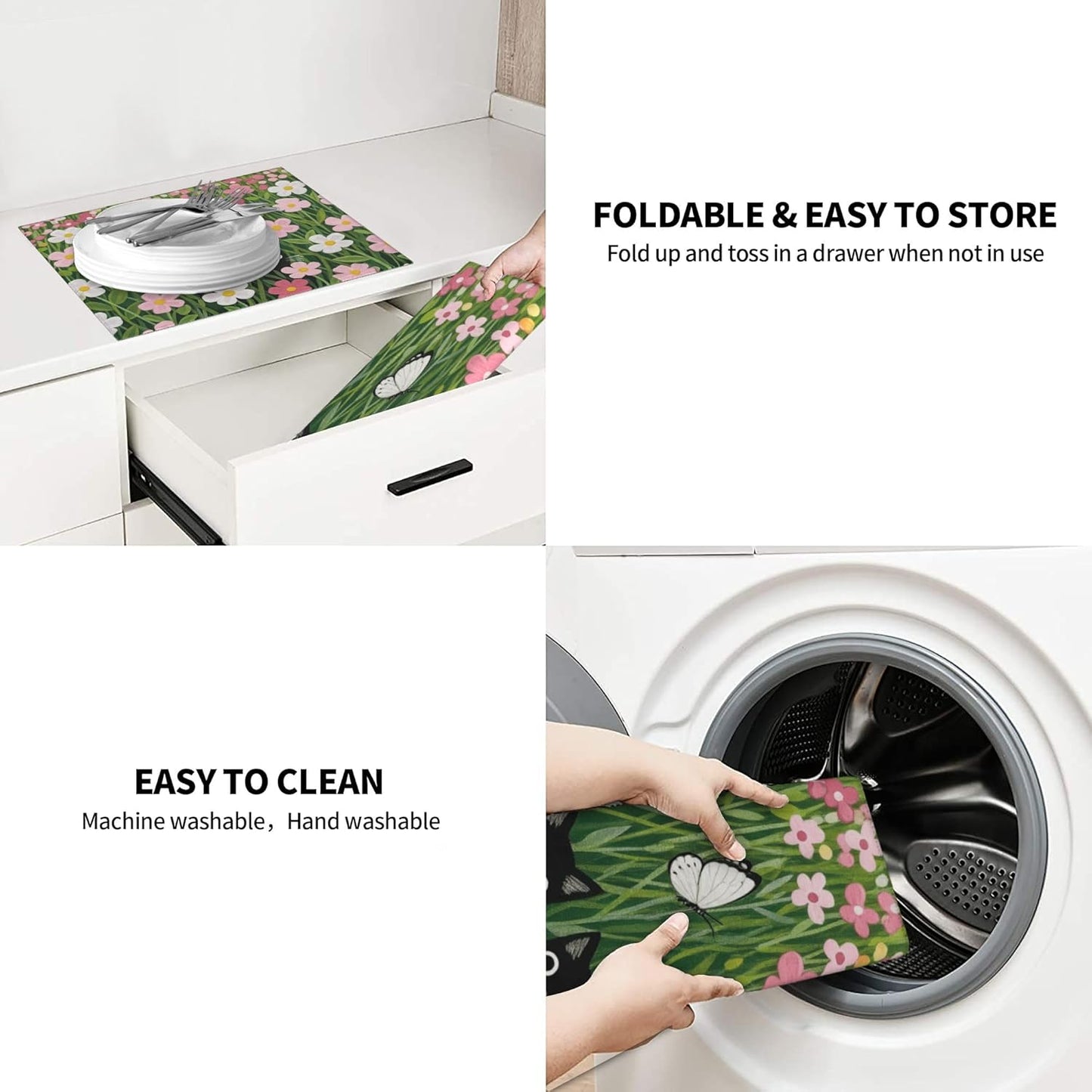 Pink Floral Cat Dish Drying Mat for Kitchen Counter, 16"x18" Microfiber Absorbent Fast Dry Mat, 2Pcs Dish Mat Faucet Mats Sets, Large Drying Kitchen Mat Kitchen Drying Pad Coffee Bar Decor Gifts