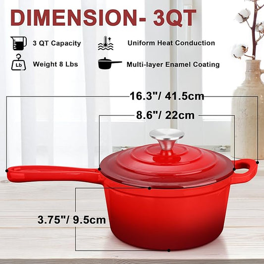 3 Quart Saucepan with Lid, Leonyo Enameled Cast Iron Sauce Pot, Large Enamel Cast Iron Dutch Oven Kitchen Cookware for All Cooktops Cooking Pasta, Soup, Milk - Up to 500°F & 8bs, Red