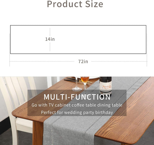 Tosewever Decorative Hemstitch Linen Table Runner Farmhouse Style Tabletop Collection Handcrafted Table Runners for Everyday Dining Wedding Party Holiday Home Decor (14 x 72 Inches, Grey)