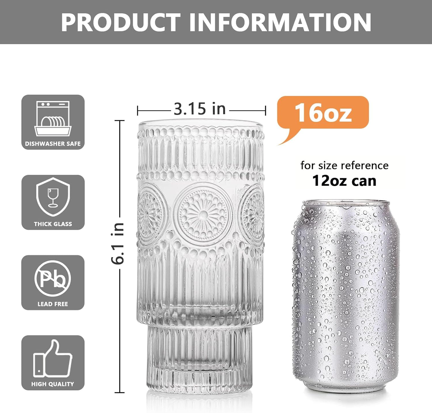 4 Pack Large 16oz Ribbed Glassware Set, Flower Design Stackable Glass Cups, Vintage Textured Clear Striped Drinking Glasses Set, for Bar Beverages,Juice,Water,Cocktail,Iced Coffee