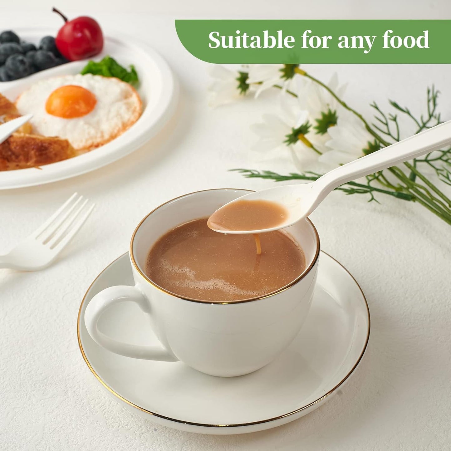 ECOLipak 150 Pcs White Disposable Spoons, 6.7 Inch Large Size Heavy Duty No Plastic Spoons for Party, BBQ, Picnic