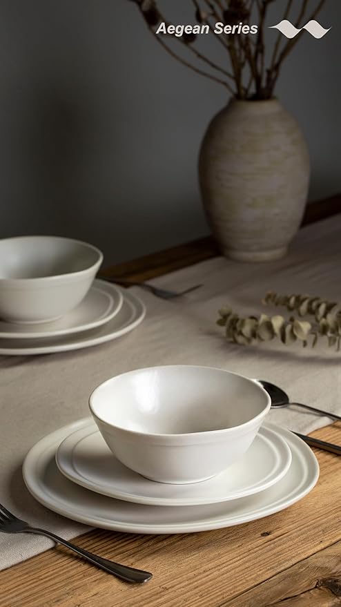Famiware Aegean Dinnerware Set for 4, Plates and Bowls Sets, 12-Piece Stoneware Scratch Resistant Dinner Set, Handmade Irregular Round Dishes, Microwave and Dishwasher Safe, Matte White
