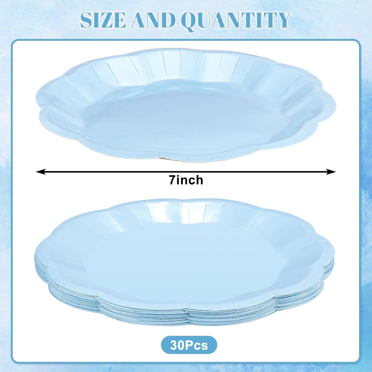 30pcs Light Blue Plates,7inch Scalloped Blue Dessert Cake Plates Cute Disposable Party Plate for Weeding, Birthday, Baby Shower