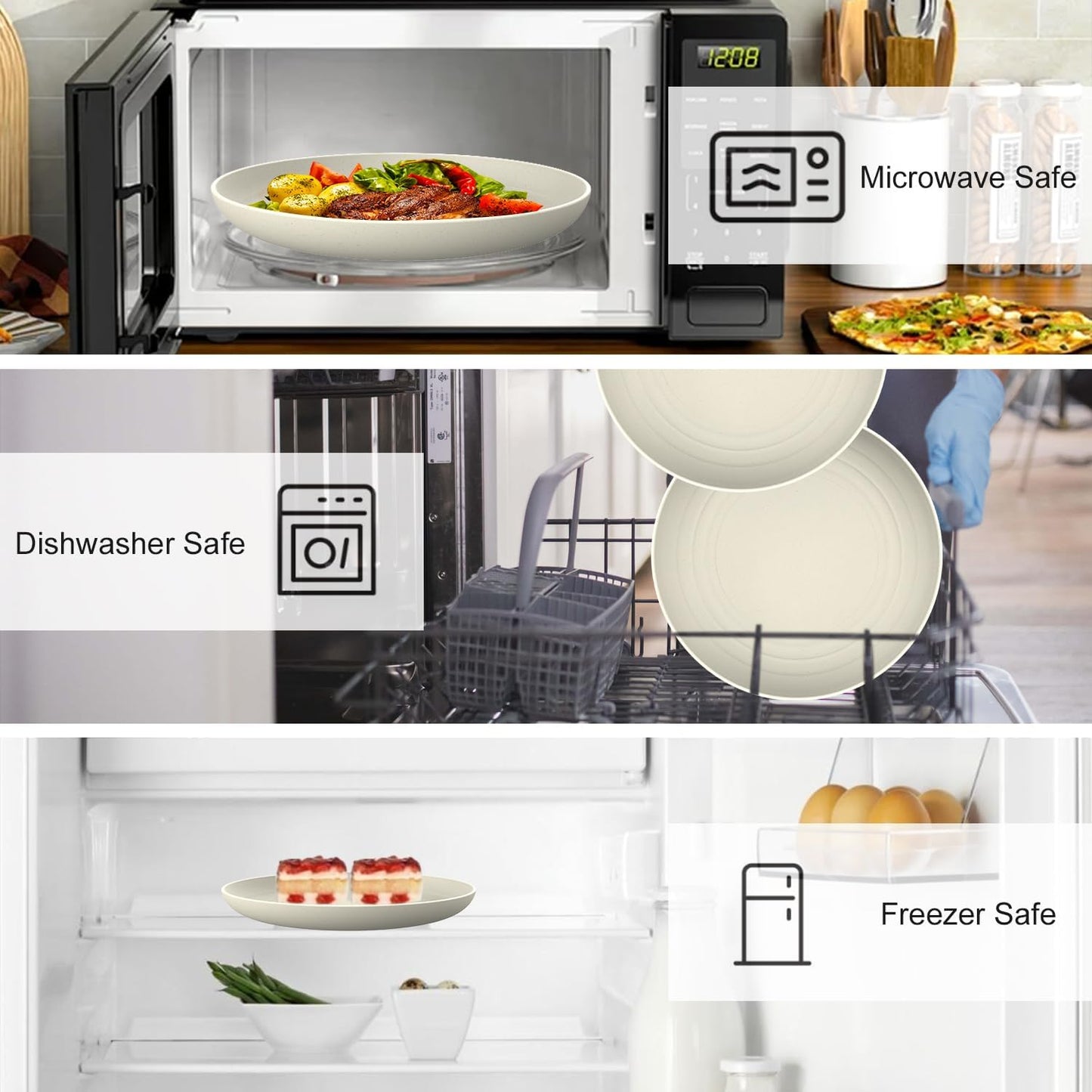 11 Inch Wheat Straw Plates - 8 Piece Set, Unbreakable Dinner Plates, Microwave Safe, Beige