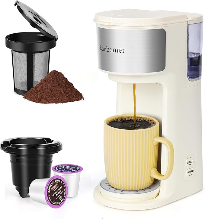 K Cup Coffee Maker, Single Serve coffee machine or Ground Coffee Machine 2 in 1, 6 to 14 Oz Brew Sizes, Mini One Cup Coffee Maker with Self cleaning Function, Fits Travel Mug (White)