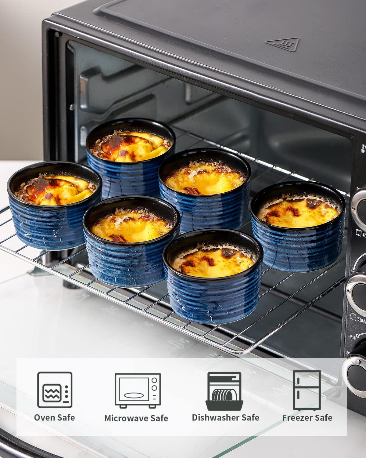 Hasense 6 oz Ramekins for Baking,Ceramic Souffle Dish Oven Safe Set of 6,Porcelain Dipping Sauce Bowls for Pudding, Creme Brulee, Souffle, Serving Dip, Custard, Ice Cream(Blue)