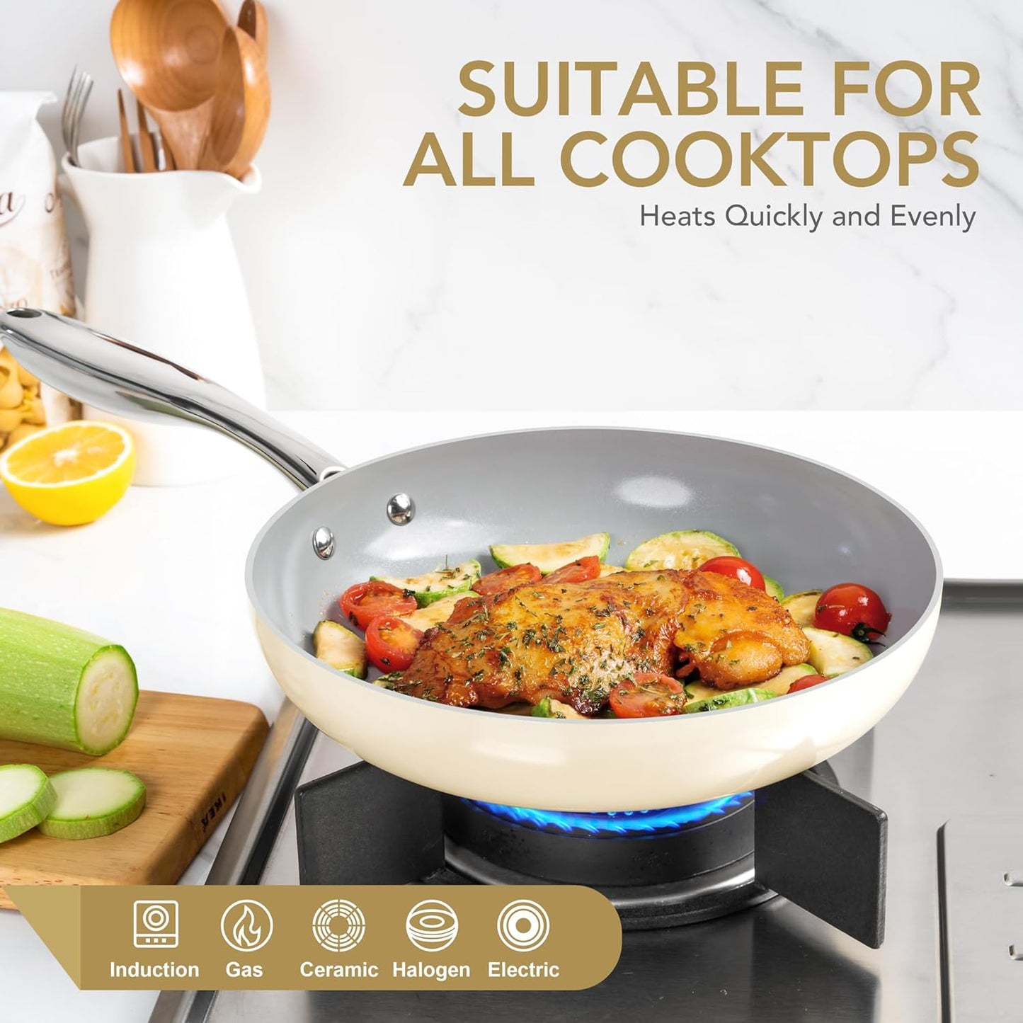 MICHELANGELO Non Stick Frying Pans - 10 Inch Frying Pan Nonstick with Lid, Nonstick Skillet with Lid, Non Toxic Frying Pan, Ceramic-Coated, Beige