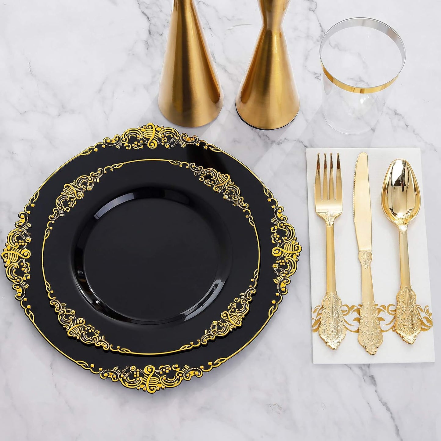 Hioasis 175pcs Black and Gold Plastic Plates - Elegant Disposable Dinnerware Set Suitable for 25 Guests Include 10.25" Dinner & 7.5" Dessert Plates, Cutlery, Napkins, Cups for Party & Halloween