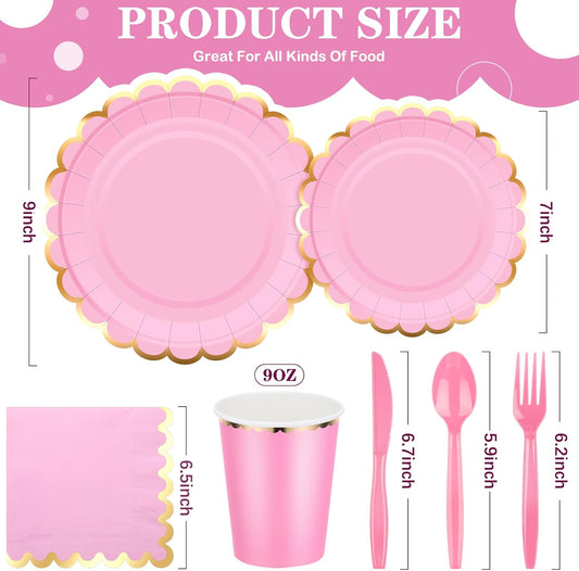 Yaomiao 168 Pcs Pink Dinnerware Sets Pink Plates Disposable Paper Plates Cups Napkin with Plastic Knife Fork Spoon Serve 24 Guests Princess Birthday Party Bridal Baby Shower Decorations (Round)