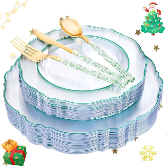 Liacere 150PCS Clear and Green Plastic Plates - Disposable Plates with Glitter Bamboo Handle Cutlery - 60 Baroque Elegant Plates,30Forks,30Spoons,30Knives for Christmas