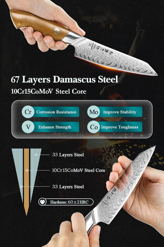 HEZHEN Kitchen Utility Knife, 5.5 Inches, 67 Layers Damascus Steel, Multifucational Paring Knife for Chefs and Home Cooking, Ultra-sharp Blade with Linen Micarta Handle, Gift Packing