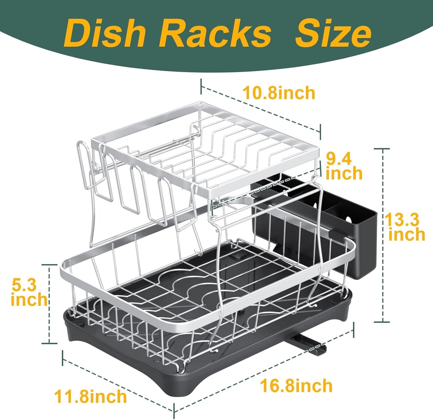 LIYI Dish Drying Rack,Large Dish Rack for Kitchen Counter,2-Tier Dish Racks with draining Tray,Detachable Capacity Dish Drainer Organizer,Black