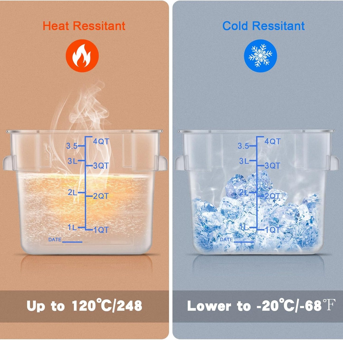 Maxcheck 4 Pcs 4Qt Food Storage Container with Lids Set Square Clear Commercial Containers with Scale and Handle Space Saving for Home Kitchen Restaurant Proof Dough Marinating Meat (White, Blue)