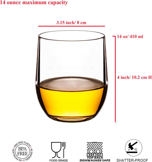 14-ounce Plastic Stemless Wine Glasses, All Purpose Arcylic Glasses, set of 6 Clear Reusable Shatter-resistant Dishwasher Safe