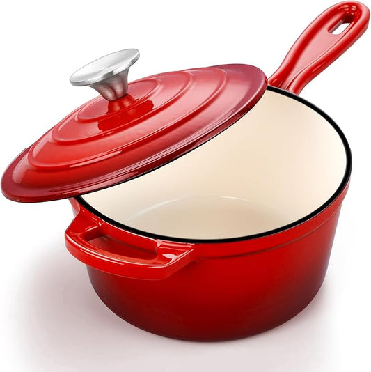 3 Quart Saucepan with Lid, Leonyo Enameled Cast Iron Sauce Pot, Large Enamel Cast Iron Dutch Oven Kitchen Cookware for All Cooktops Cooking Pasta, Soup, Milk - Up to 500°F & 8bs, Red
