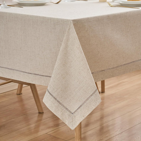 Zdolmy Natural Flax Linen Tablecloth – Undyed Square Hemstitch Table Cover for Kitchen, Dining & Decoration (Blue Drawn Silk Thread, 55" x 55")