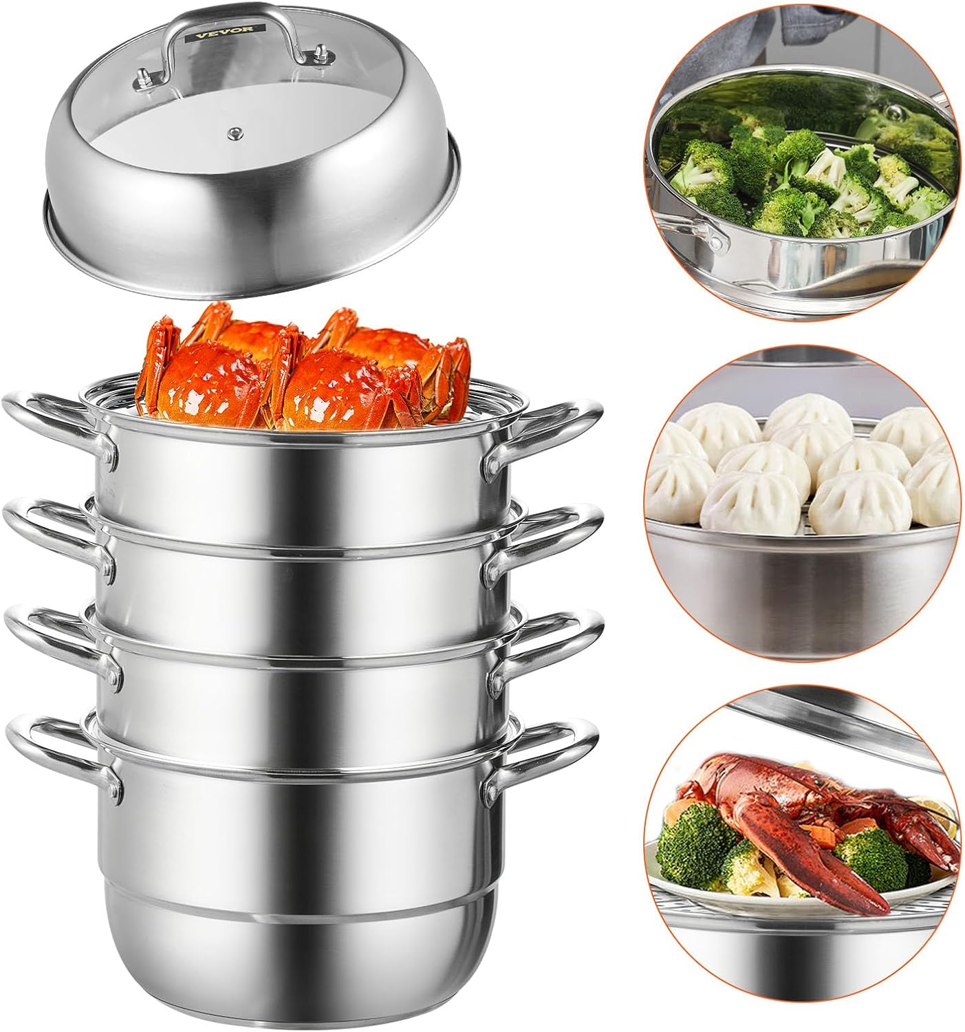 VEVOR Steamer Pot 11.8in/30cm, 5 Tier Steamer Pot for Cooking with 10QT Stock Pot, 3 Vegetable Steamers & 2 Steaming Trays, Food-Grade 304 Stainless Steel Food Steamer Cookware for Gas Electric Stove