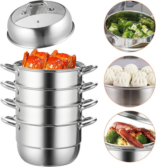 VEVOR Steamer Pot 11.8in/30cm, 5 Tier Steamer Pot for Cooking with 10QT Stock Pot, 3 Vegetable Steamers & 2 Steaming Trays, Food-Grade 304 Stainless Steel Food Steamer Cookware for Gas Electric Stove