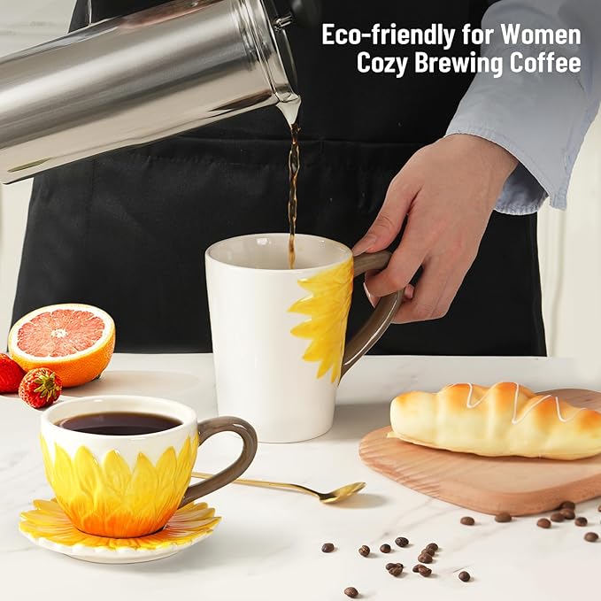 Ceramic Coffee Mug Set of 2-Sunflower Coffee Cups Sets Include 15 oz Large Coffee Mug,9 oz Wide Cappuccino Cup with a Saucer,3D Novelty Coffee Cups for Tea,Latte,Hot Cocoa,Milk,Unique Gifts for Women