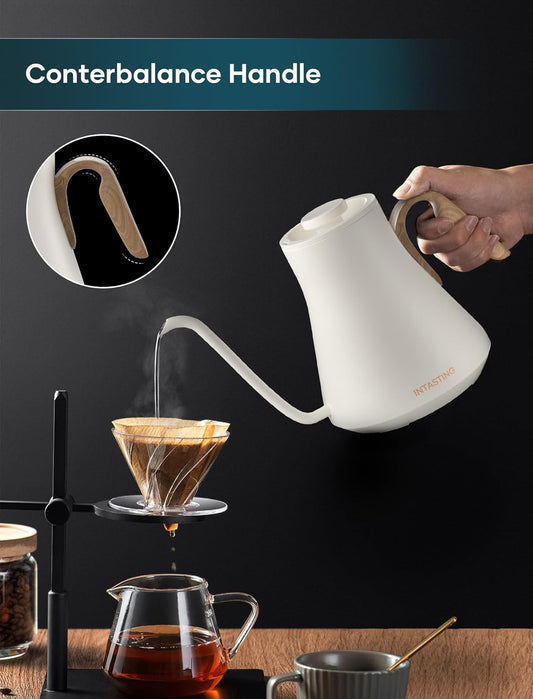 Electric Kettle, Gooseneck Electric Kettle, ±1℉ Precise Temperature Control, Stainless Steel Interior, Quick Heating for Pour Over Coffee, Tea & Boiling Water, 0.9L (Cream White & Wood)