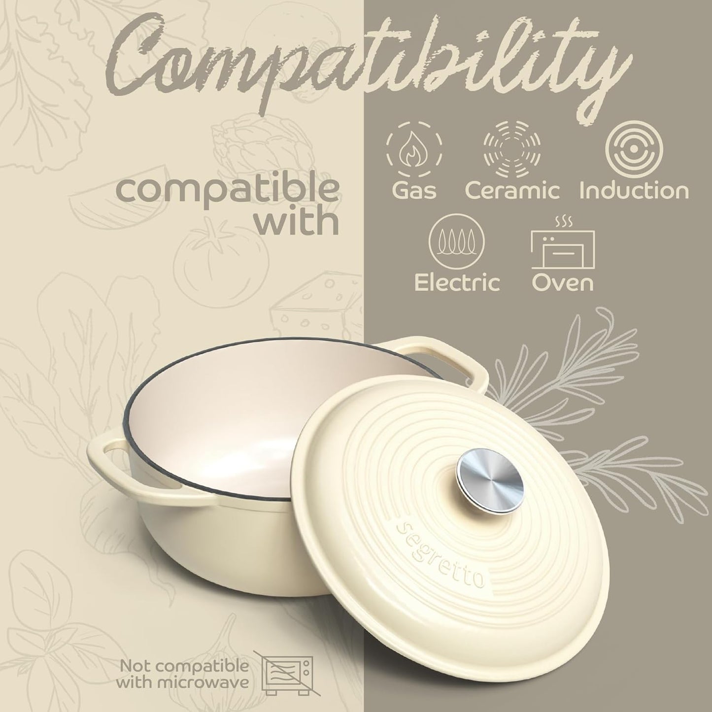 Segretto Cookware Enameled Cast Iron Dutch Oven Pot with Lid 4.57 Quarts, Bianco Perla (Off-White) White Enamel Dutch Oven Cast Iron with Handle Ceramic Cooking Pot for Bread Baking, Basting, Cooking