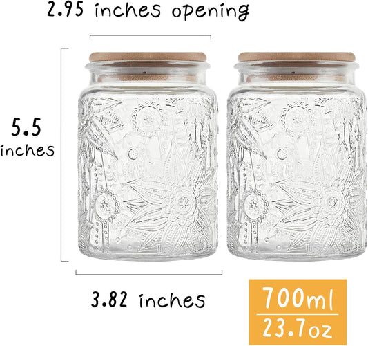 Vintage Glass Jar with Bamboo Lid, 23.7 FL oz - Airtight Decorative Food Storage Canisters for Kitchen Counter, Ideal for Candy, Sugar, Coffee, Cookies (Sunflower*2)